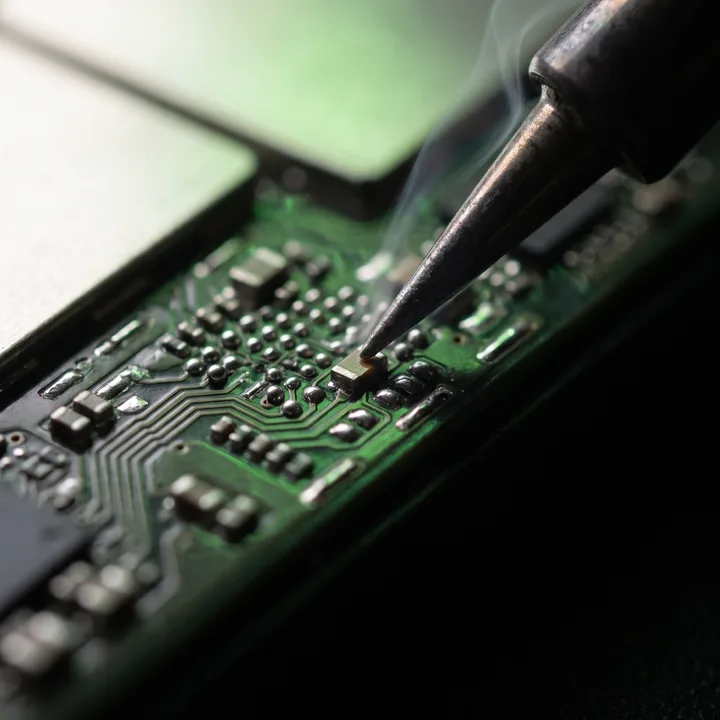 Micro-soldering on a logic board under the microscope